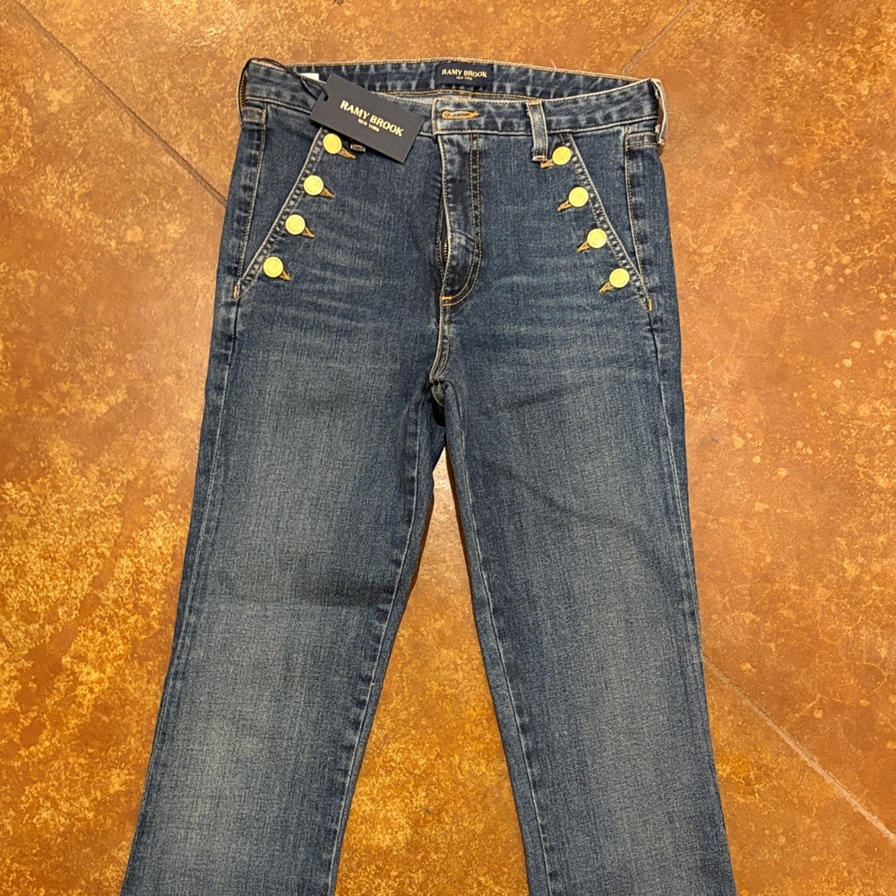 Ramy Brook Flare Jeans in Deep Blue with Gold Buttons